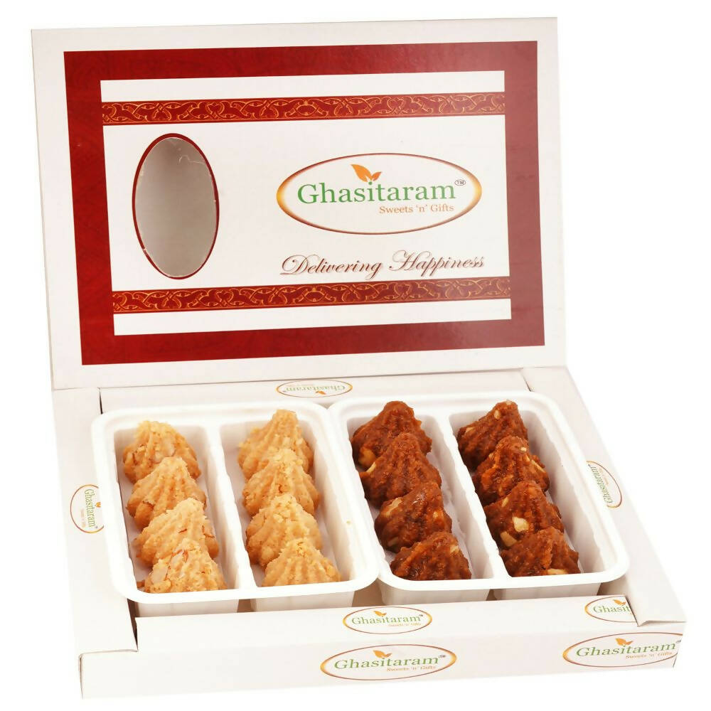 Ghasitaram White Box of Dodha Barfi and Milk Cake Modaks | Swadesiicart