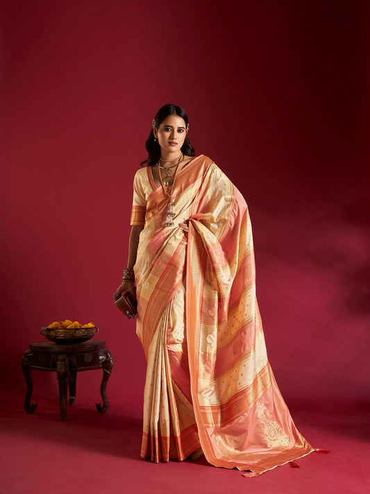 Joban Fashion Cream & Pink Plain With Weaving Border Banarasi Silk Sarees | Swadesiicart