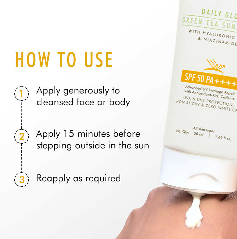 mCaffeine Sun Fix Daily Glow Green Tea Sunscreen SPF 50 PA++++ with Niacinamide, Lightweight & No White Cast - Swadesiicart