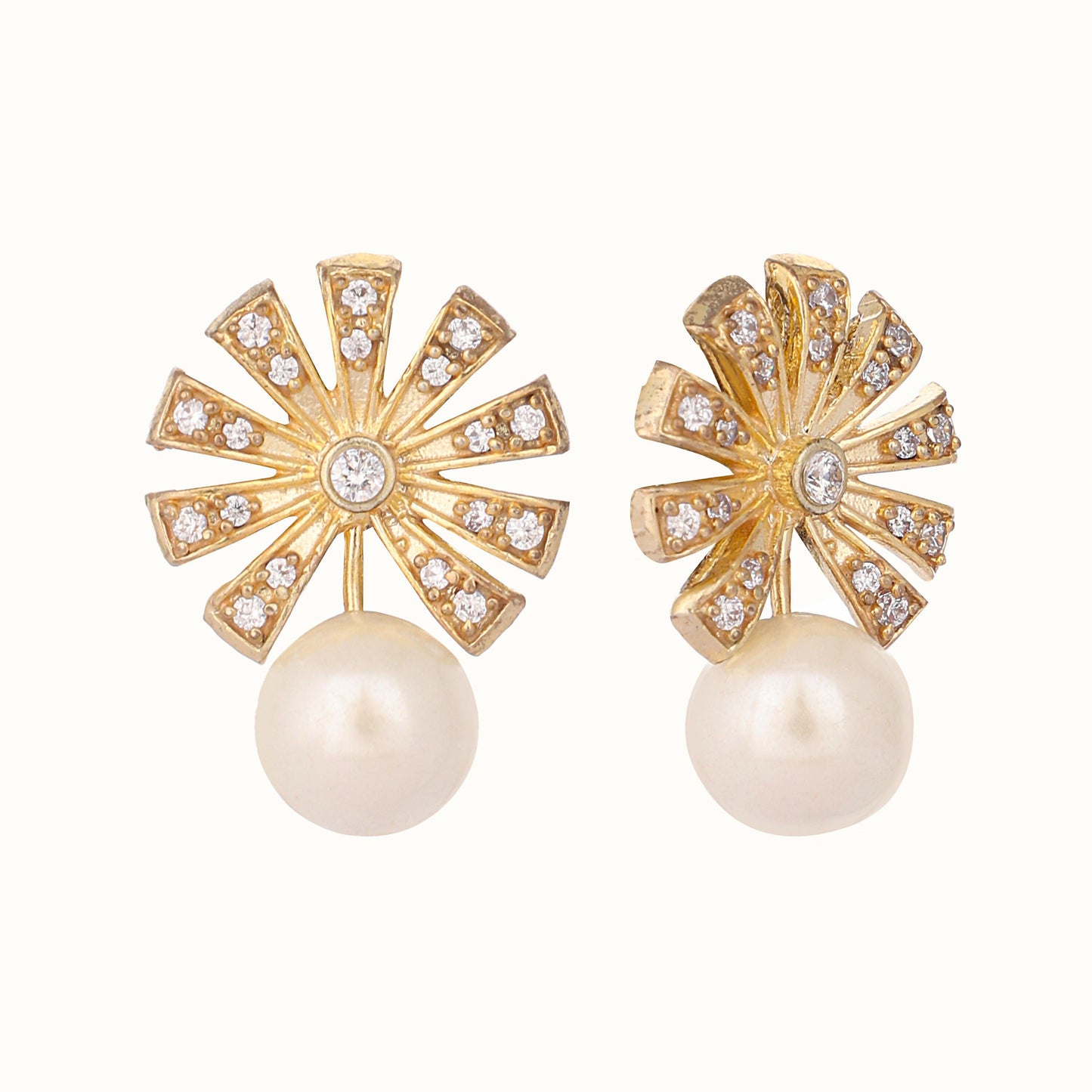Nuyug 22K Gold-Plated Pearl Drop Zircon Floral Shaped Mini Stud Earrings | Swadesiicart