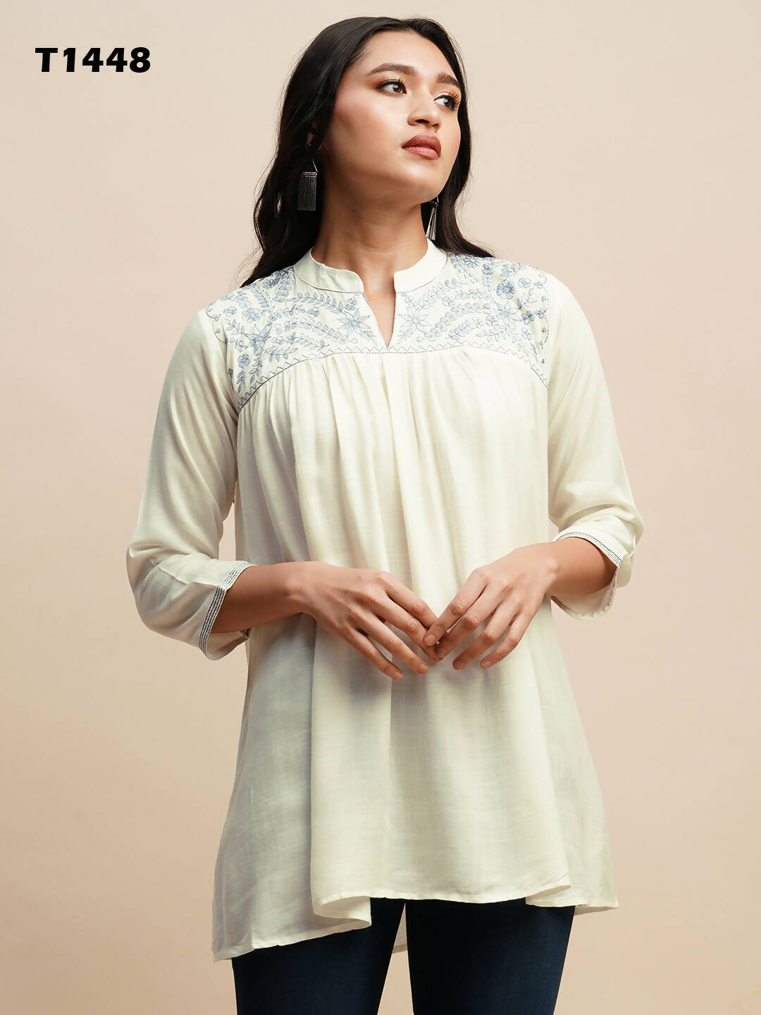 White Rayon Embroidered Top - Tarini - Swadesiicart