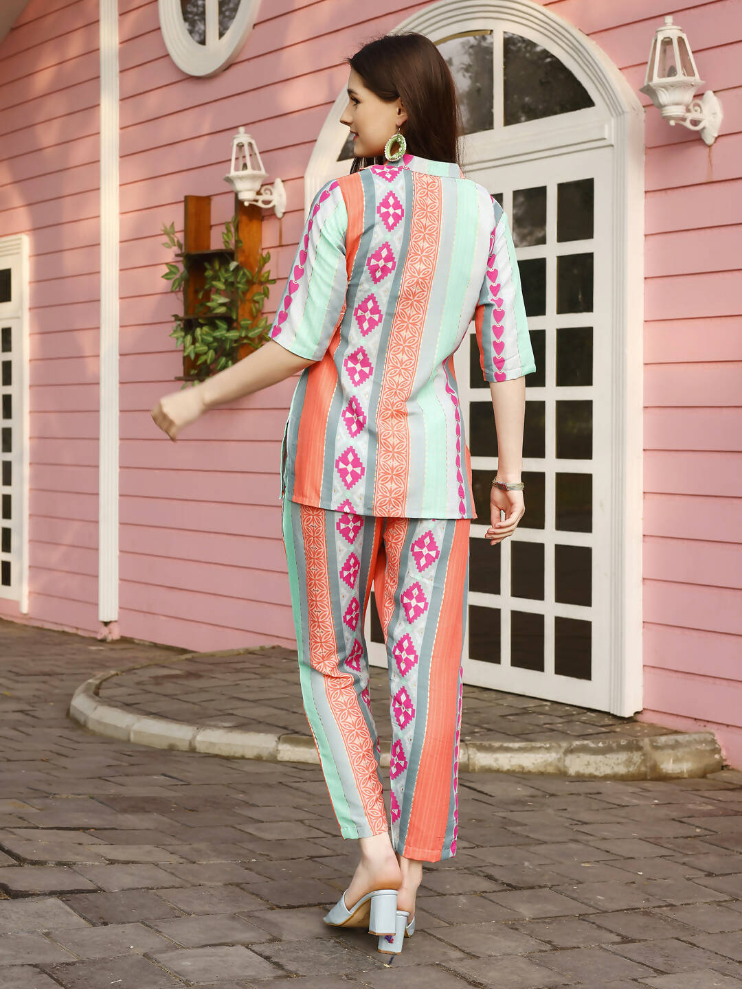 Orange & Blue Rayon Geometric Printed Top with Matching Bottom - Eesha - Swadesiicart