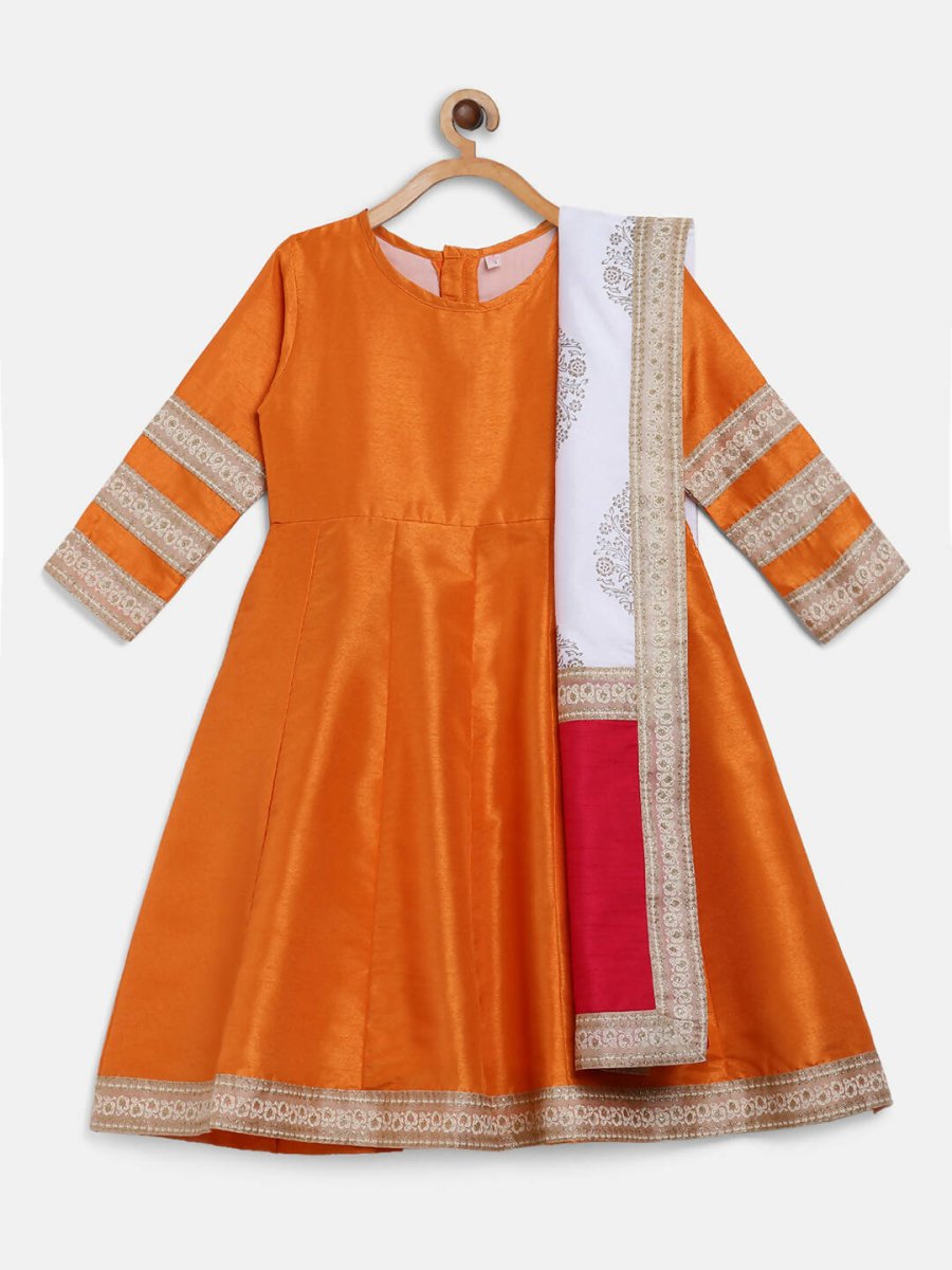 Ahalyaa Orange Poly Silk Anarkali Kids Kurta With Dupatta Set For Girls | Swadesiicart