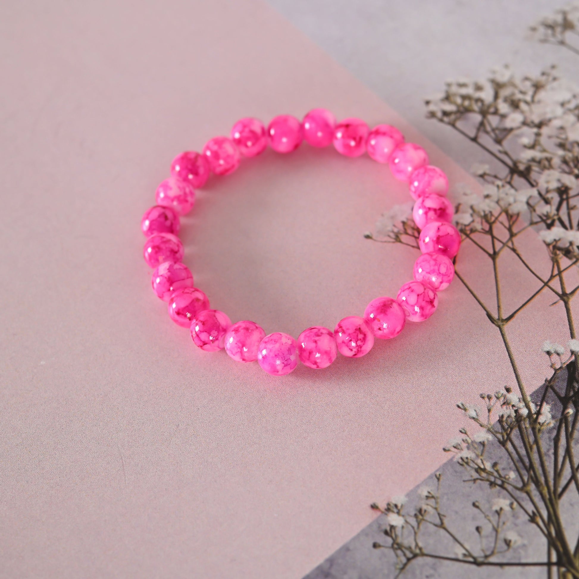 NVR Men & Women Pink Marble Crystal Beaded Elasticated Bracelet - Swadesiicart