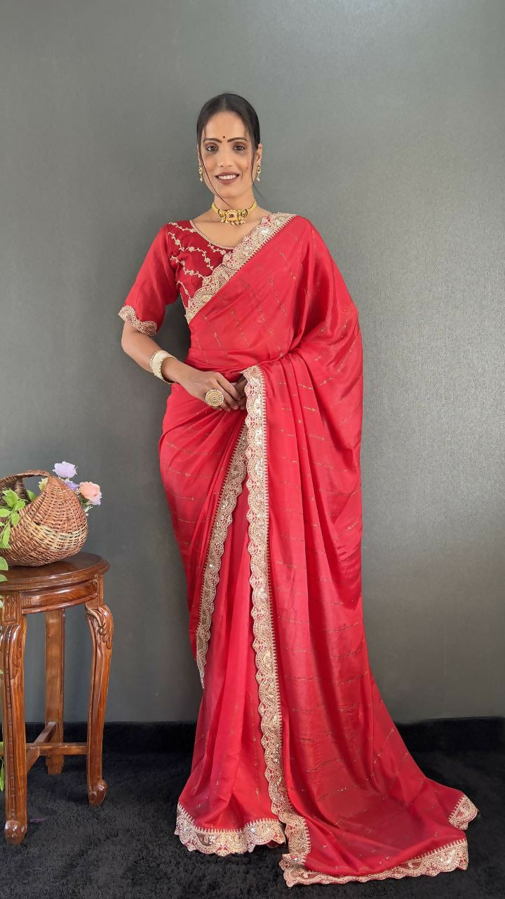 Vastranavya Red Georgette Silk Swarovski & Heavy Lace Work Ready to Wear Saree | Swadesiicart