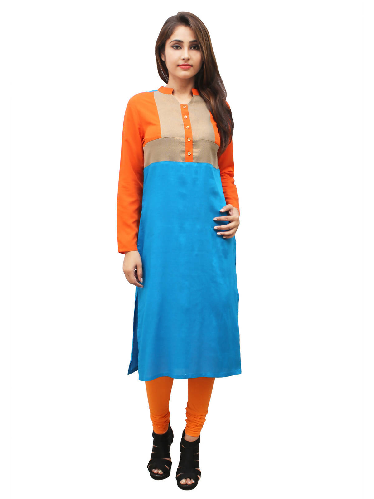 Women's Turq Round Neck Kurti, With Pintuck Yoke And Aari Emb - G & A Apparels | Swadesiicart