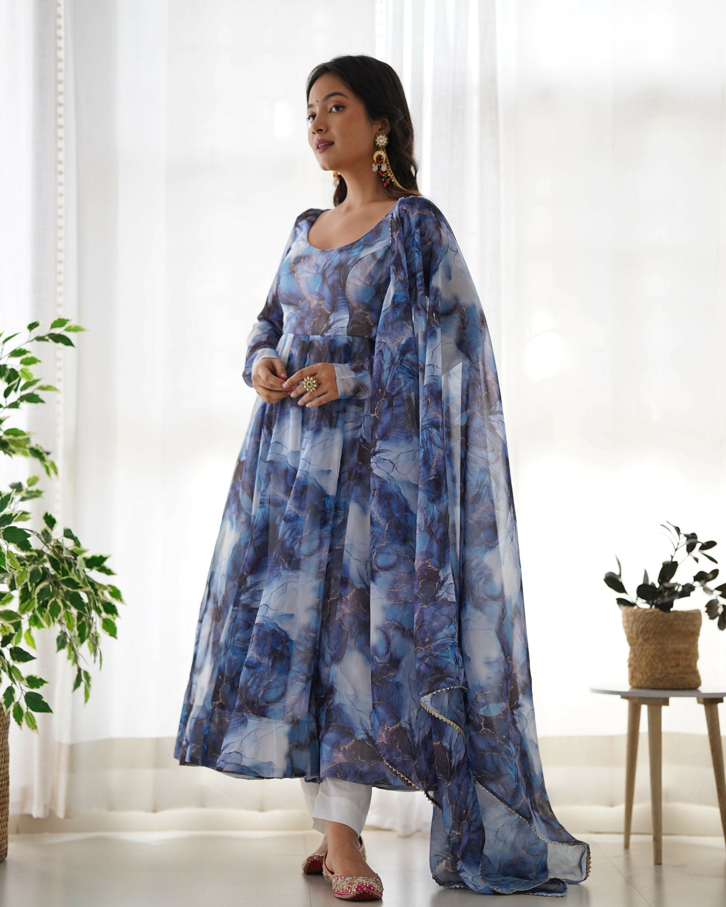Joban Fashion Navy Blue Kurta Set Organza Sequin Embroidery Work - Swadesiicart