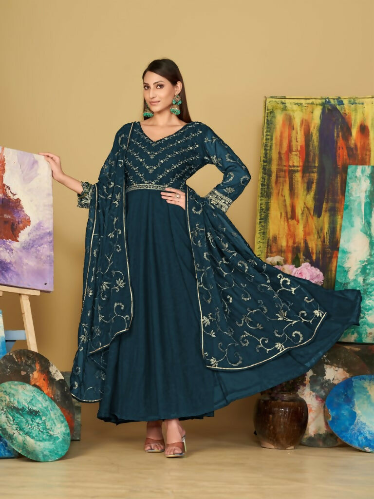 Jyoti Fashion Women's Teal Georgette Embroidered Anarkali Kurta Pant Set With Dupatta | Swadesiicart