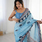 Blue Chinon Designer Digital Printed,Mirror Cut Work Saree - Elayna