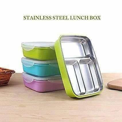 Portable Stainless Steel Food Container 3 Compartments Lunch Box - Swadesiicart