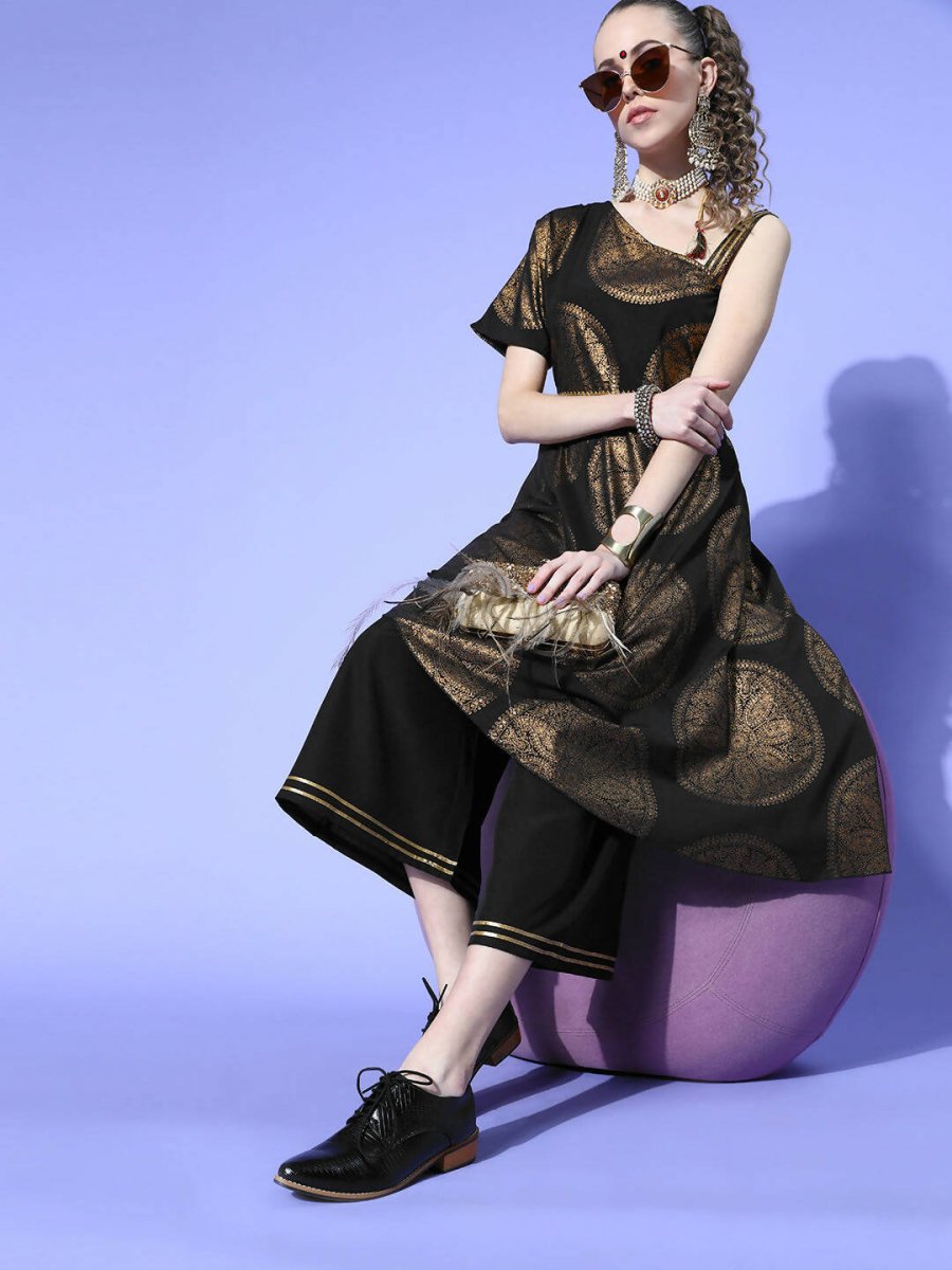 Ahalyaa Women Black Colour Crepe Printed Top Palazzo Set | Swadesiicart