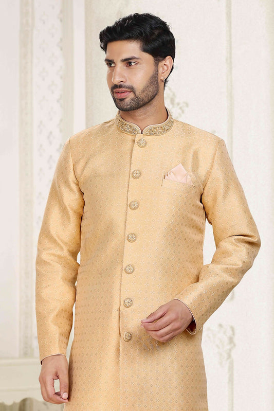 Raivat Ethnic Banarasi Jacquard Embroidery Semi Indo Western Sherwani In Beige Colour | Swadesiicart