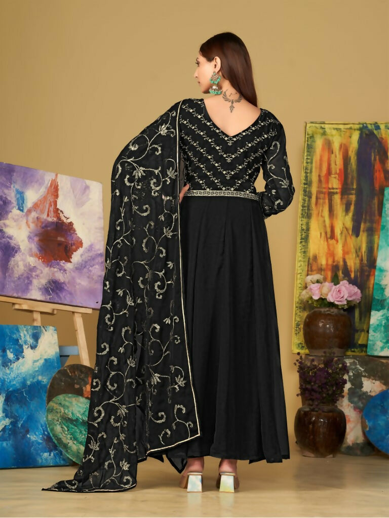 Jyoti Fashion Women's Black Georgette Embroidered Anarkali Kurta Pant Set With Dupatta | Swadesiicart