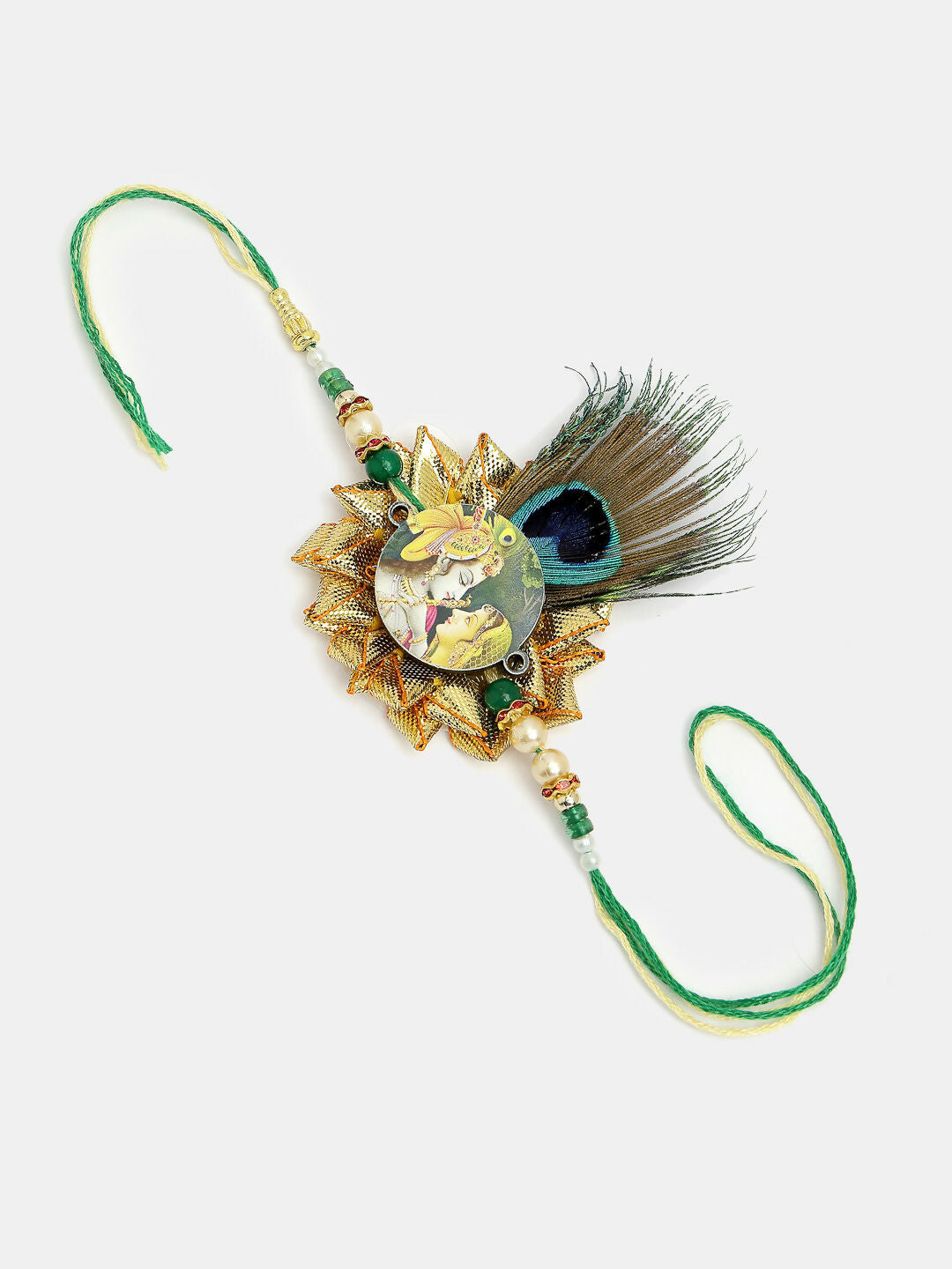 NVR Women & Men Set of 2 Green Radha Krishna Beaded Bhaiya Bhabhi Rakhi With Roli Chawal & Chocolate | Swadesiicart