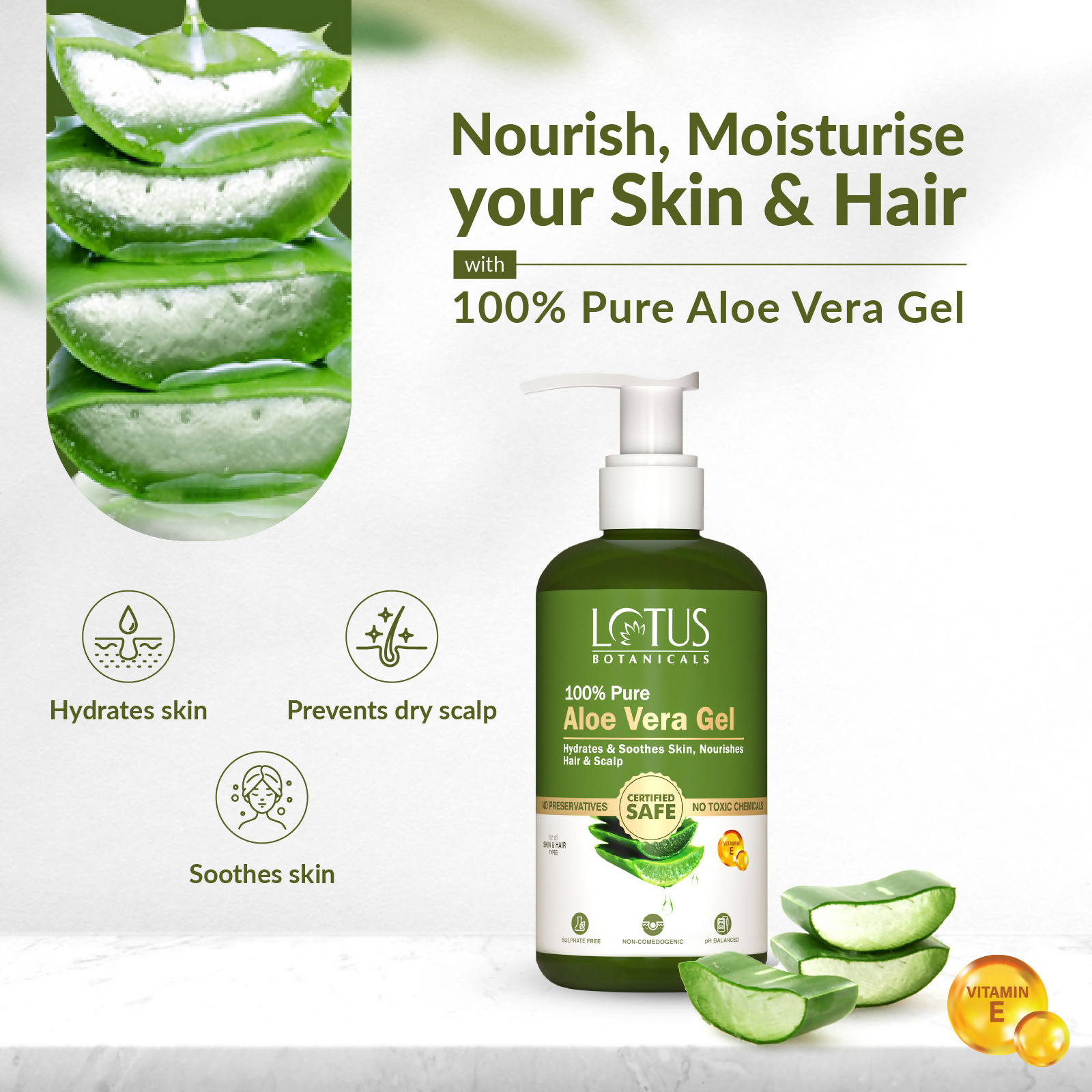 Lotus Botanicals 100% Pure Aloe Vera Gel With Vitamin E | Swadesiicart