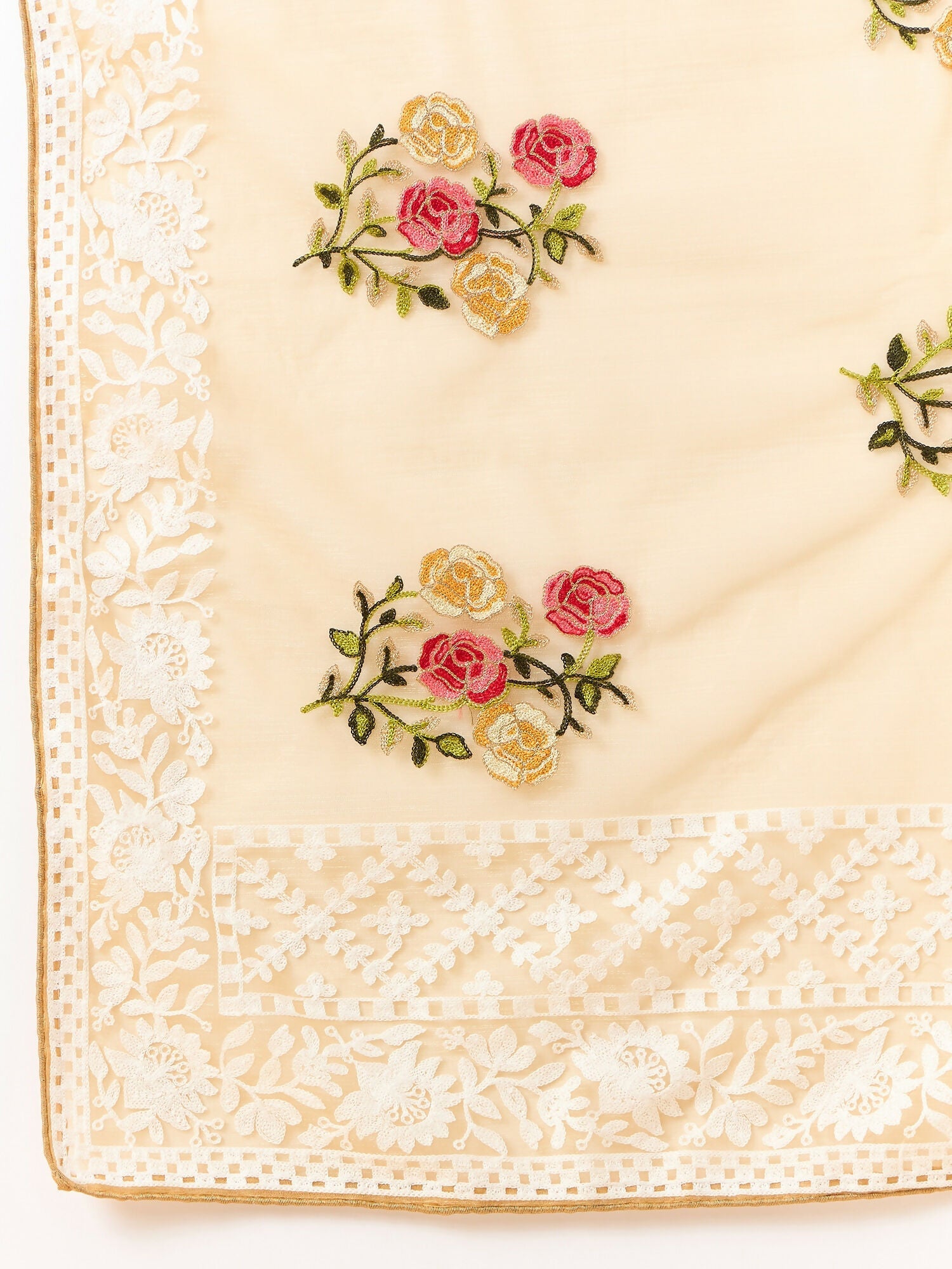 Beige Organza Floral Embroidered Saree with Unstitched Blouse Piece - Roozal