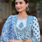 Juniper Women's Blue Cotton Cambric Floral Placement Printed Anarkali Kurta Sharara & Dupatta Set | Swadesiicart