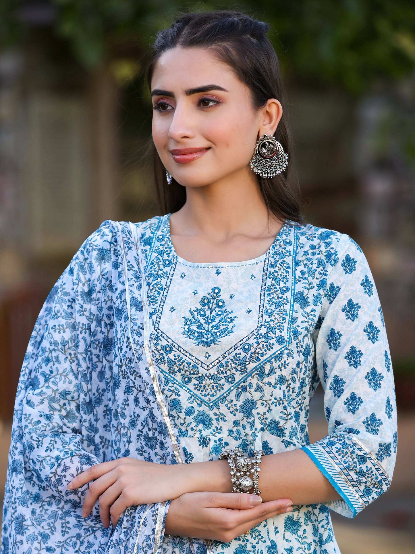Juniper Women's Blue Cotton Cambric Floral Placement Printed Anarkali Kurta Sharara & Dupatta Set | Swadesiicart