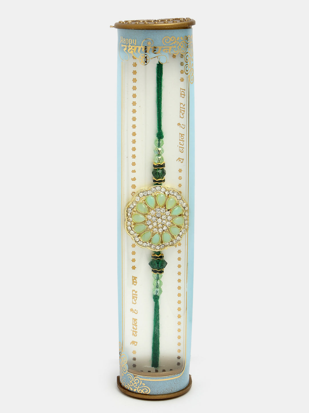 NVR Men Green Stone-Studded Rakhi With Roli Chawal & Chocolate | Swadesiicart
