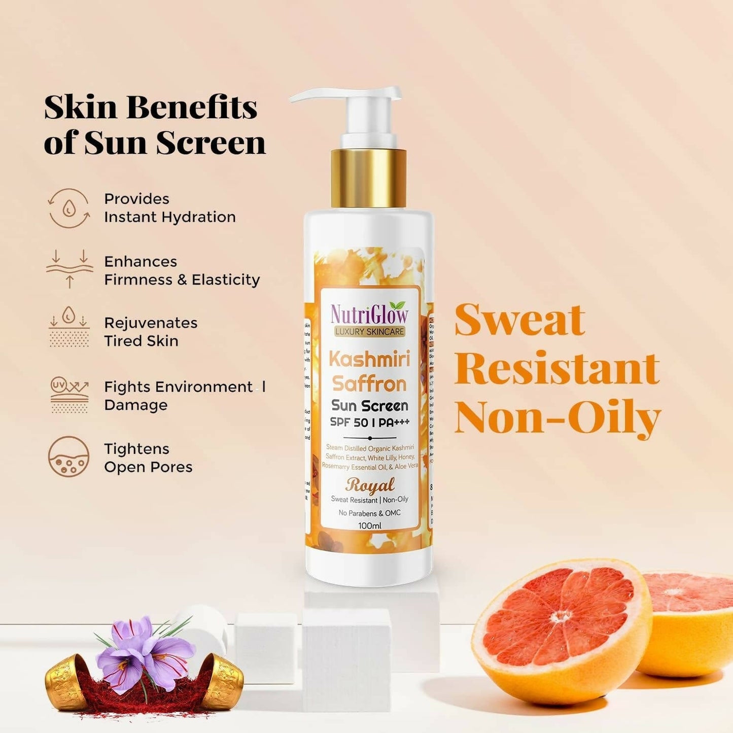 NutriGlow Luxury Skincare Kashmiri Saffron Sunscreen Serum 50 PA+++ - Swadesiicart
