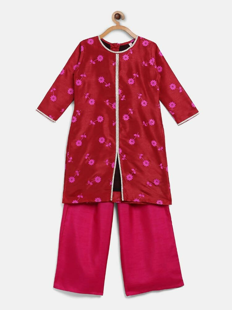 Ahalyaa Red Poly Silk Straight Printed Kids Kurta Palazzo Set For Girls | Swadesiicart