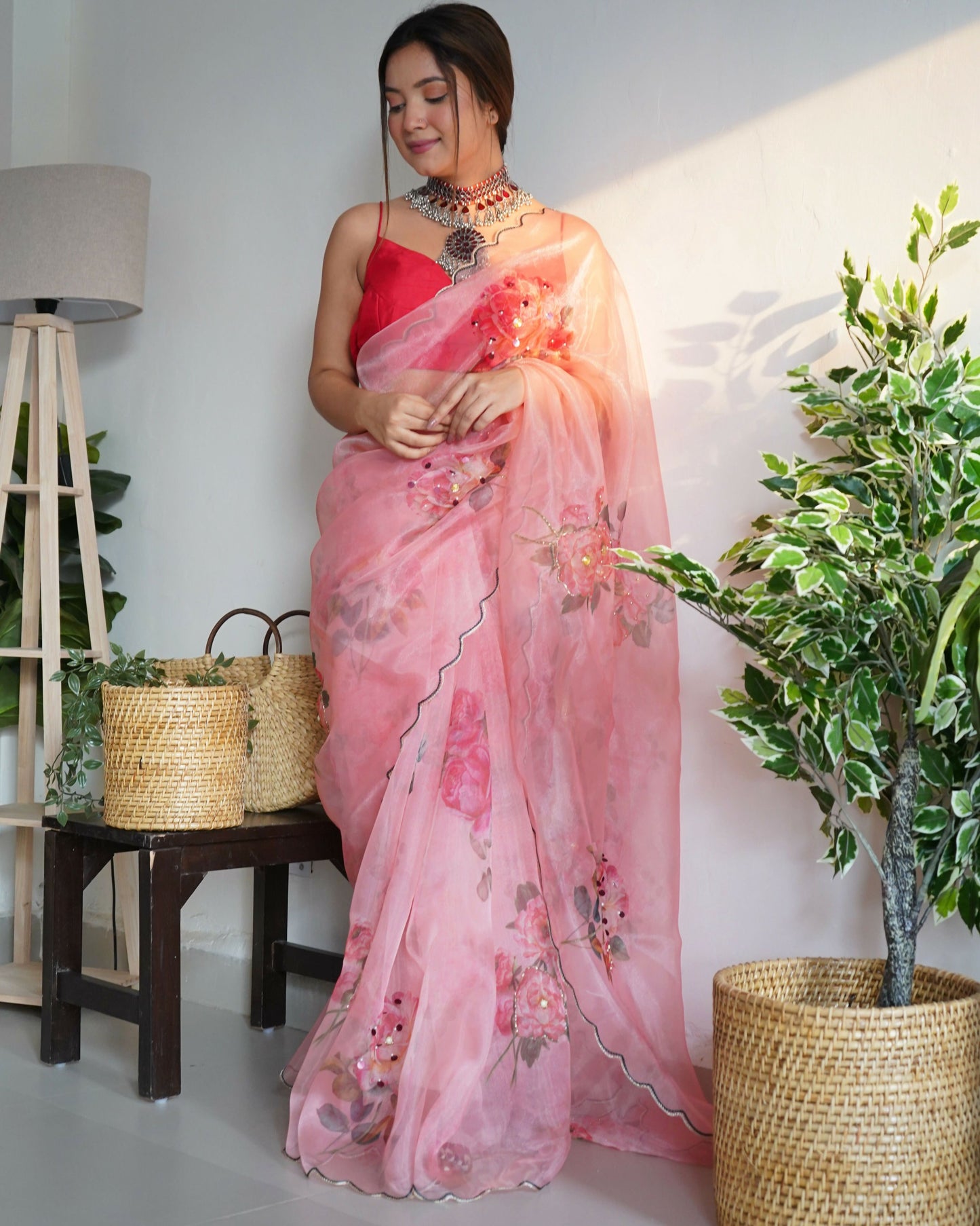 Vamsee Ramya Onion Organza Saree - Swadesiicart