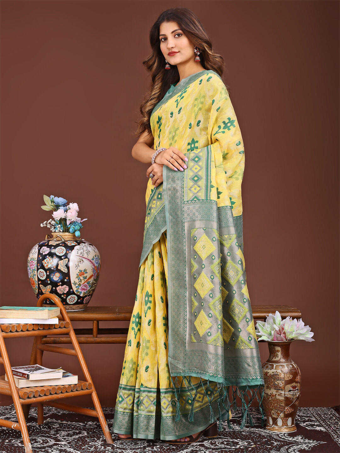 Shree Shyam Fashion Radiant Yellow Linen Cotton Patola Saree - Where Tradition Dances with Elegance