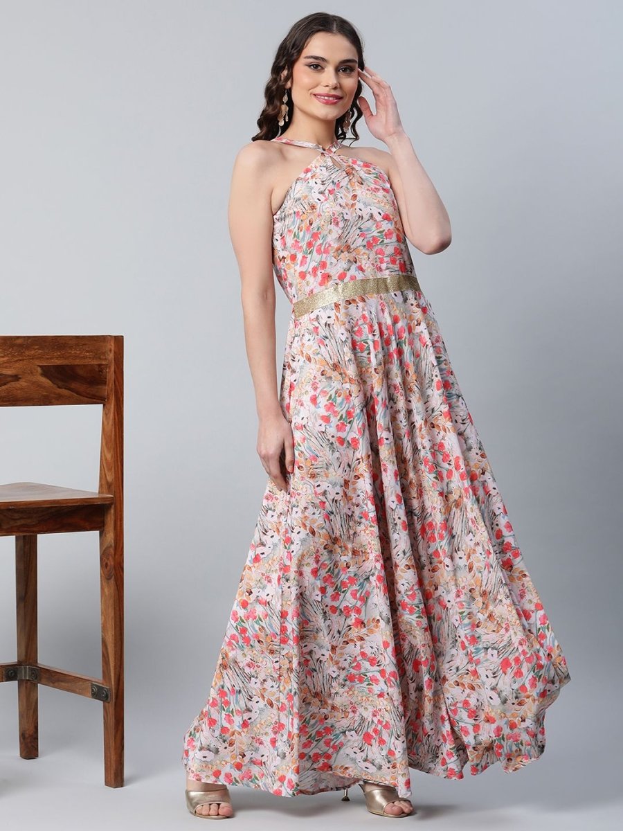 Ahalyaa Women Crepe Printed Classic White Romantic Florals Dress | Swadesiicart