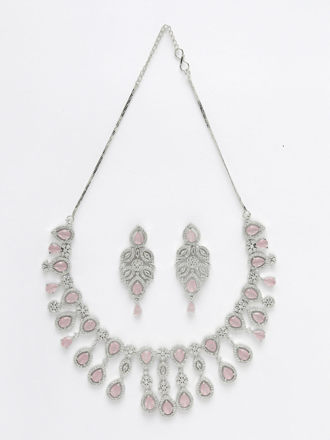 NVR Women's silver plated & Pink CZ stone handcrafted jewellery set - Swadesiicart