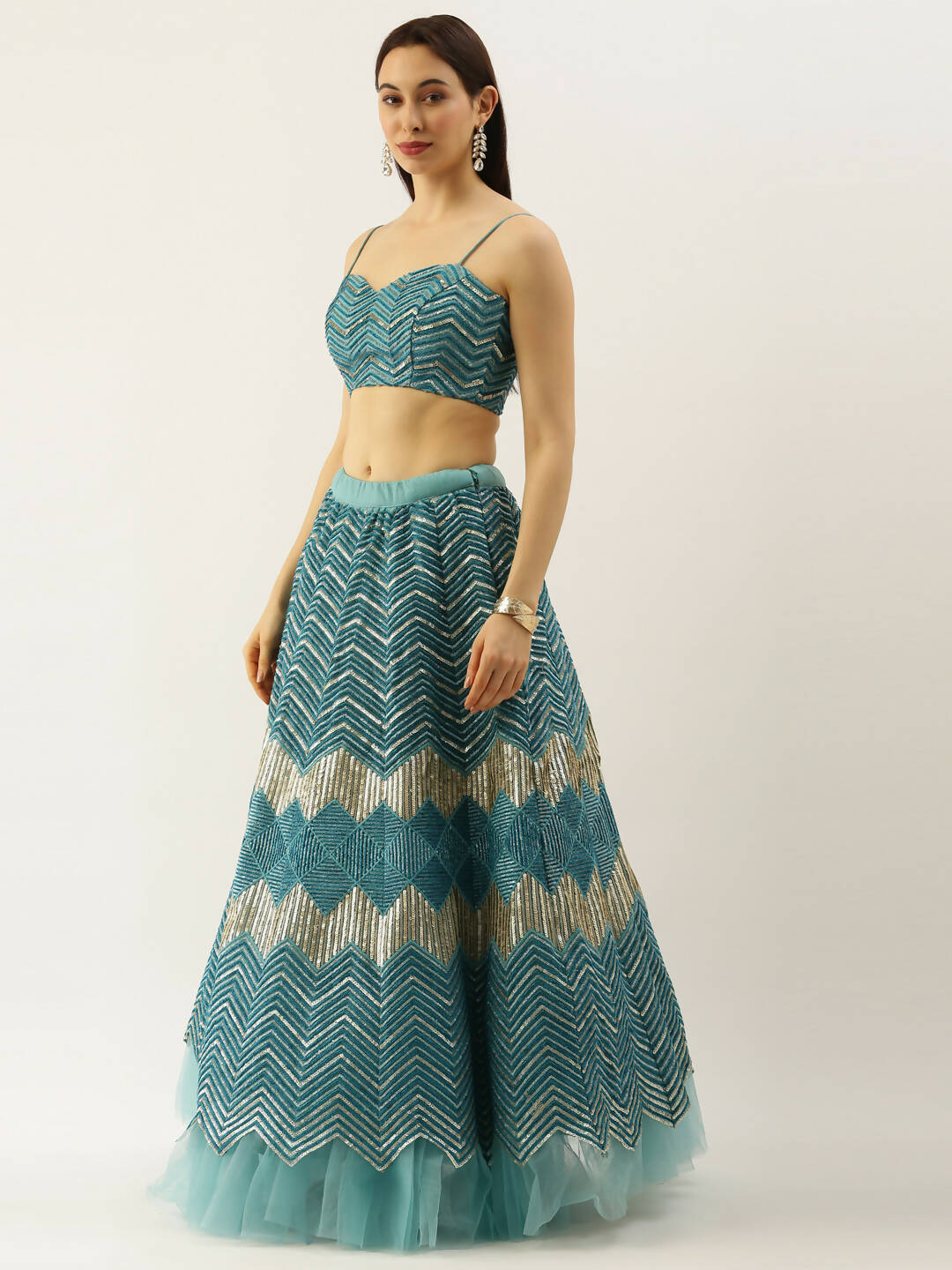 House of Panchhi Women Sea Green Net Zig-Zag Embroideried Lehenga, Blouse & Dupatta | Swadesiicart