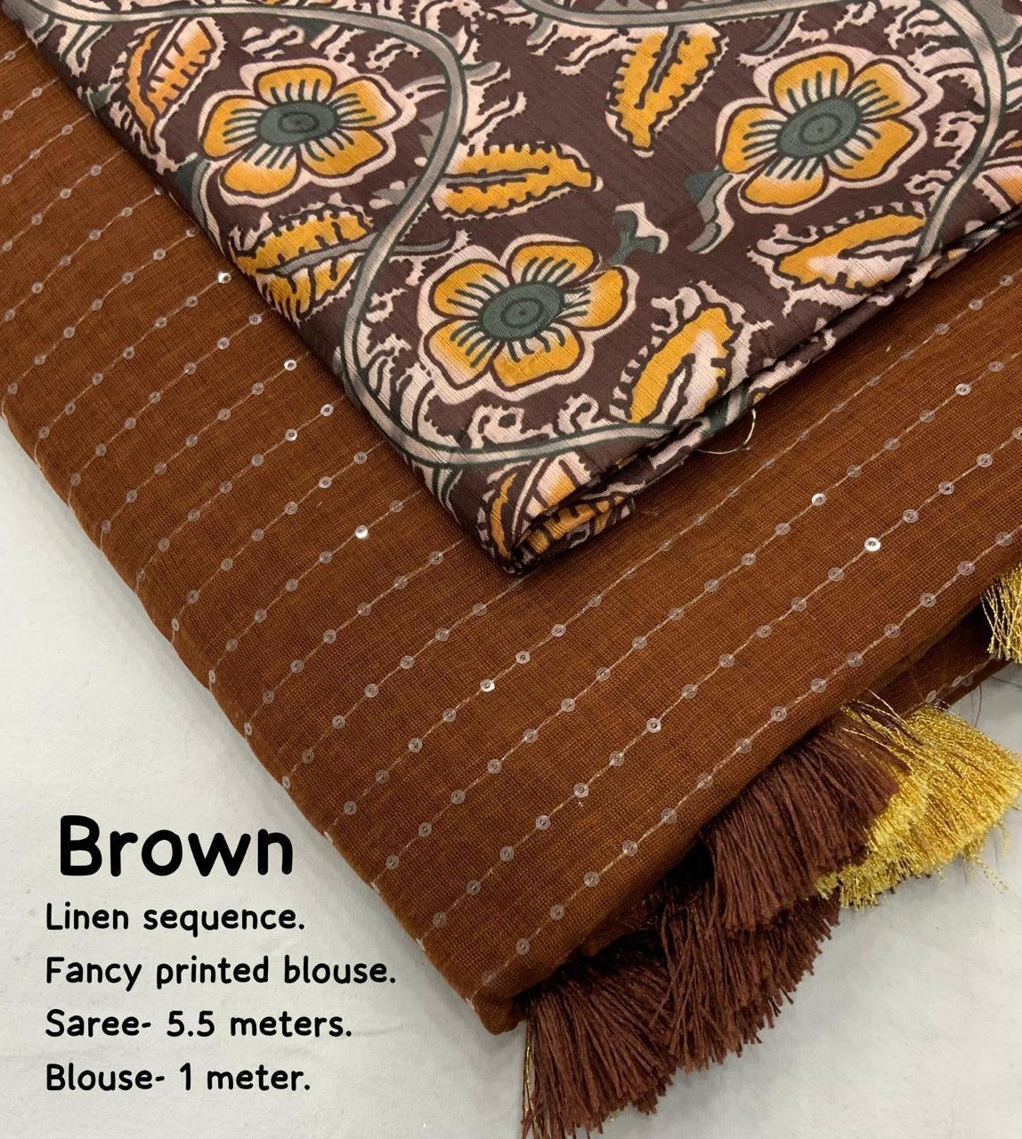 Brown Linen Sequence Saree with Unstitched Blouse - Hiral Fashion | Swadesiicart