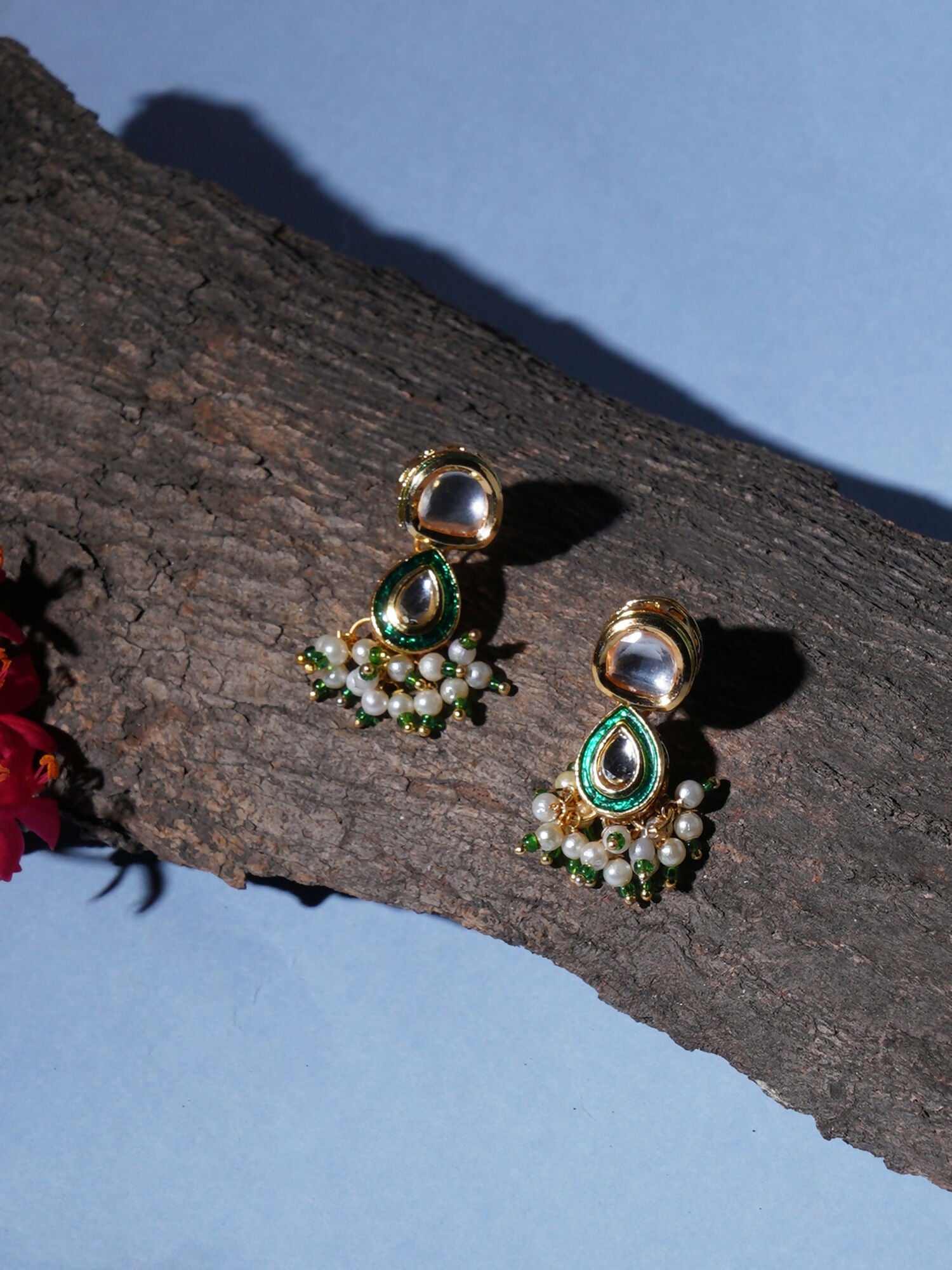 Dual Kundan Stone with Earrings (Gold) - Ruby Raang - Swadesiicart