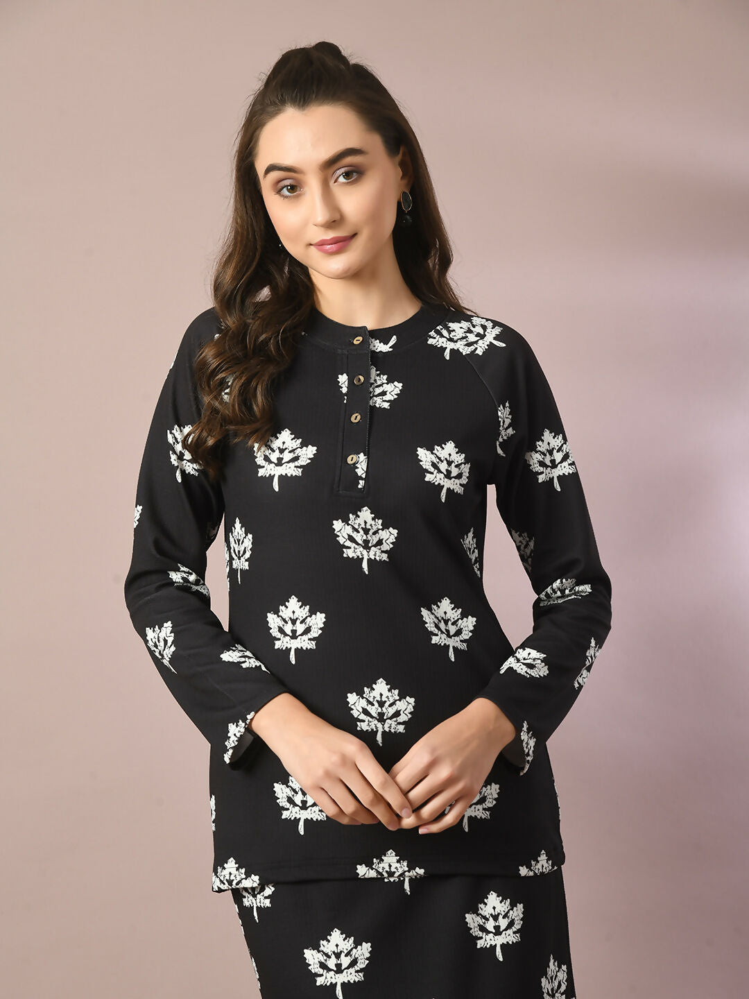 Myshka Women's Black Printed Round Neck Party Top With Skirt Co-ord set - Swadesiicart