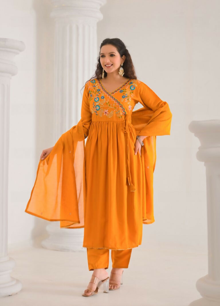 Ethnic Festive Wear Viscose Chanderi orange Stitched Suit With Dupatta - Tanisha | Swadesiicart