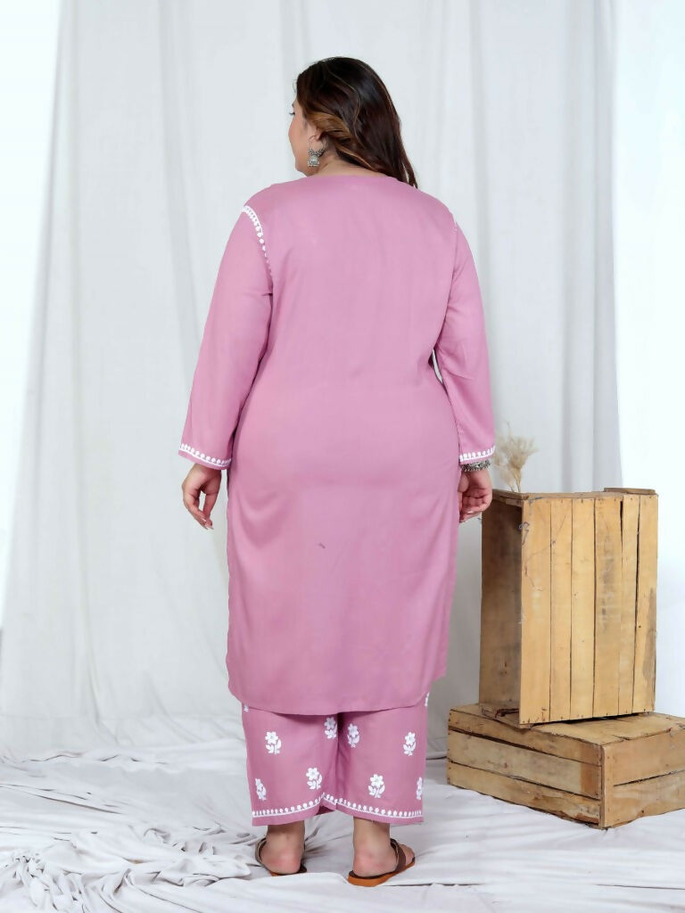 Miravan Women's Plus Size Chikankari Embroidery Pink Straight Kurta And Palazzo Set | Swadesiicart