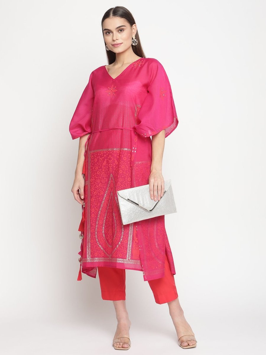 Ahalyaa Pink Chanderi Orange khari Print Kaftan With Trouser | Swadesiicart