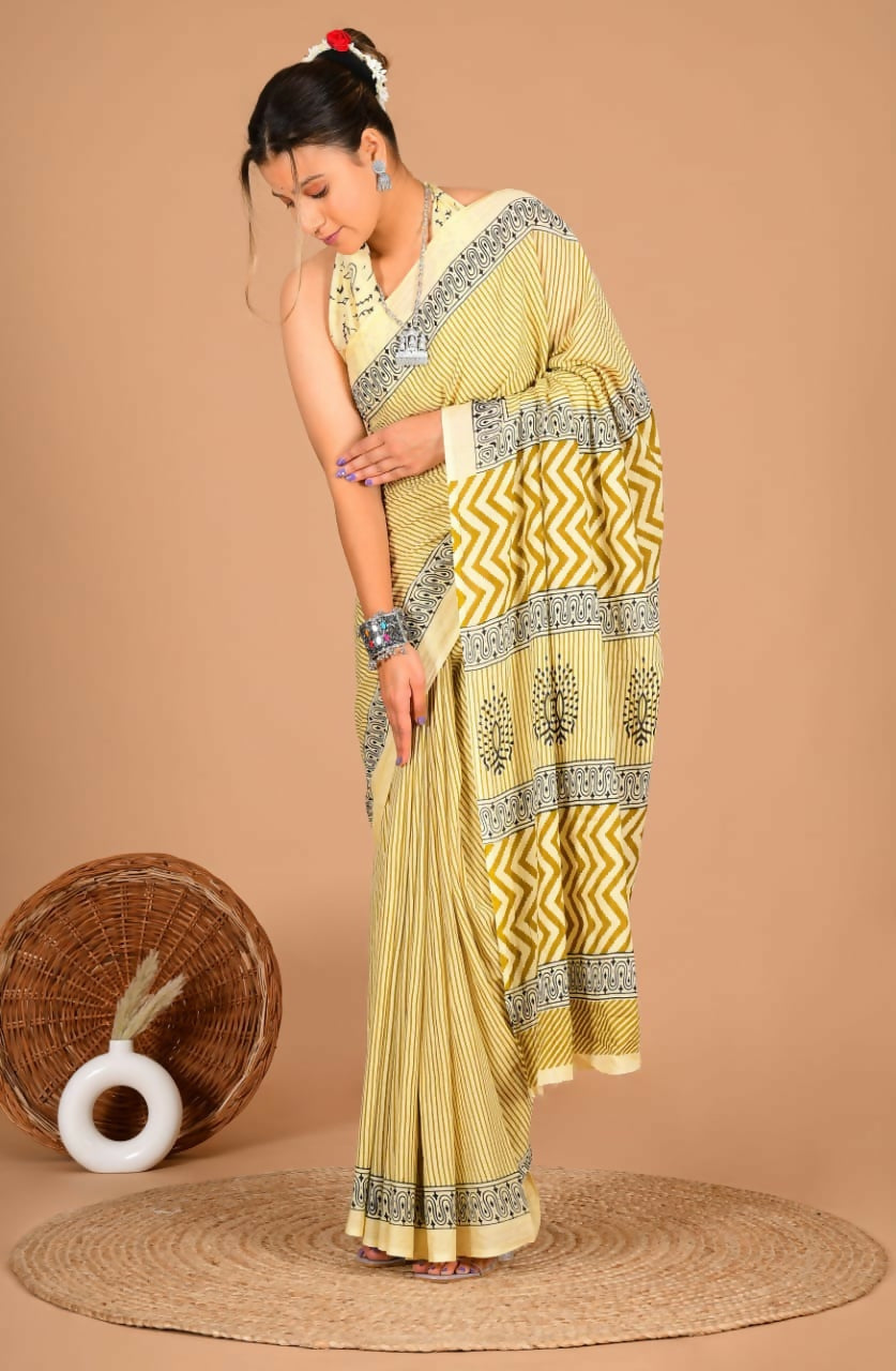 Exclusive Collection Yellow Beautiful Mulmul Cotton Saree - Swadesiicart