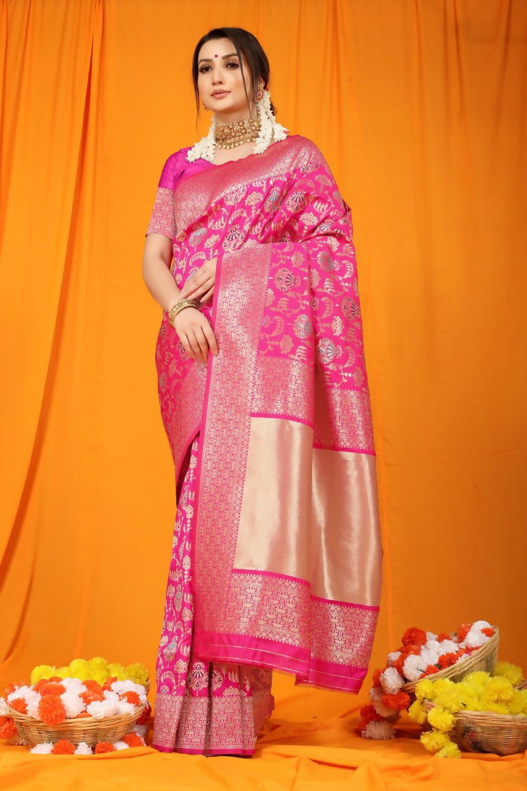 Jyoti Fashion Women's Rani Pink Kanjivaram Silk Zari Woven Saree with Blouse | Swadesiicart