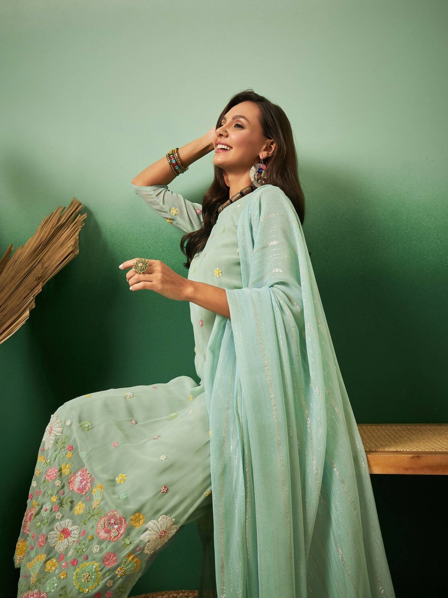 Aqua Blue Georgette Handwork Unstitched Dress Material - Hanika | Swadesiicart