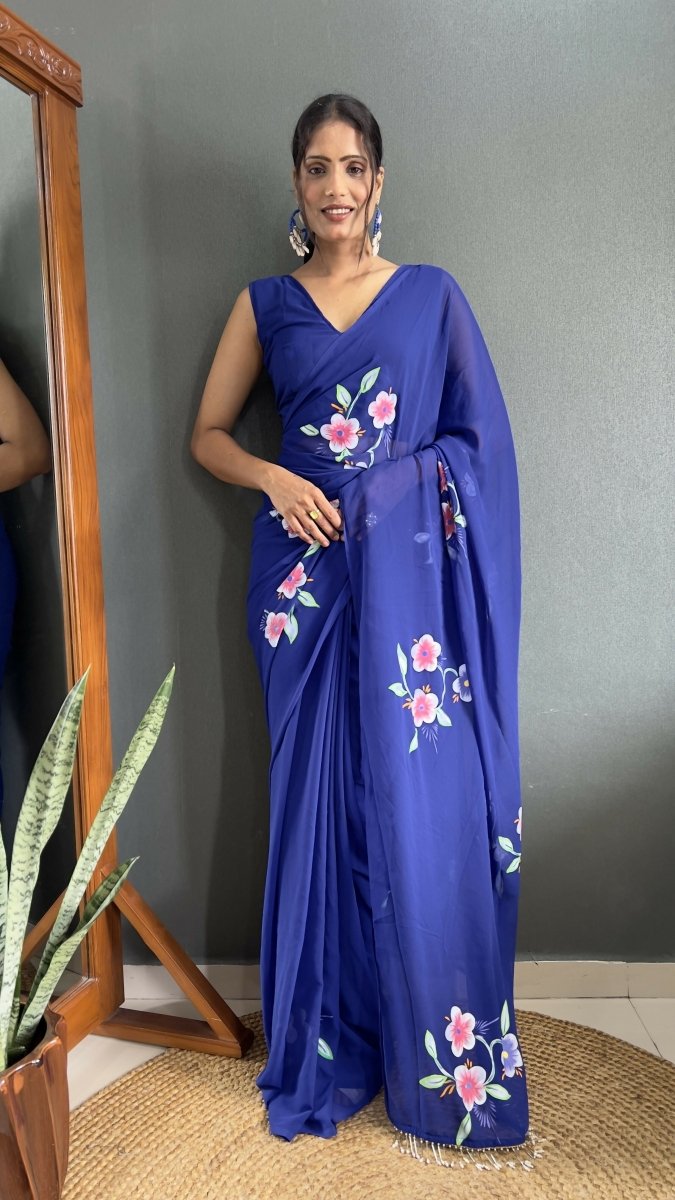Aayaa Designer 1 min Hand Painted Ready to Wear saree - Navy Blue | Swadesiicart