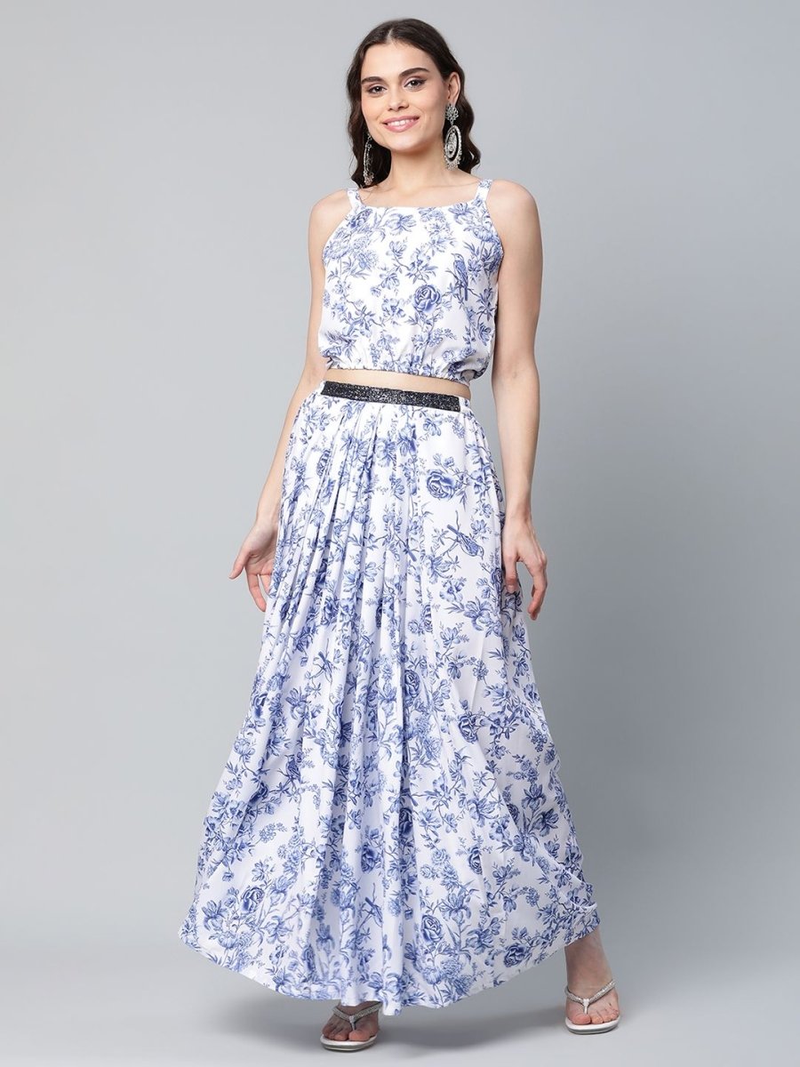 Ahalyaa Women Blue Crepe Printed Top with Skirt with Net Overlay | Swadesiicart