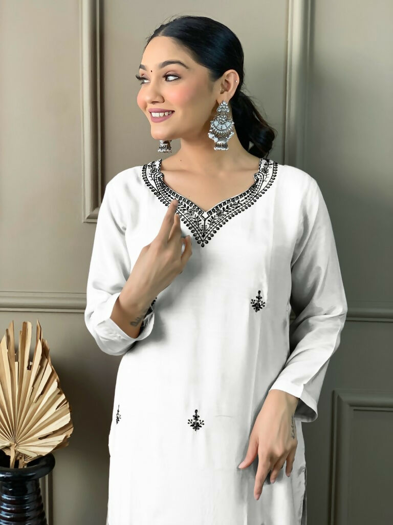 White Viscose chanderi Stitched Suit With Dupatta - Tanisha | Swadesiicart