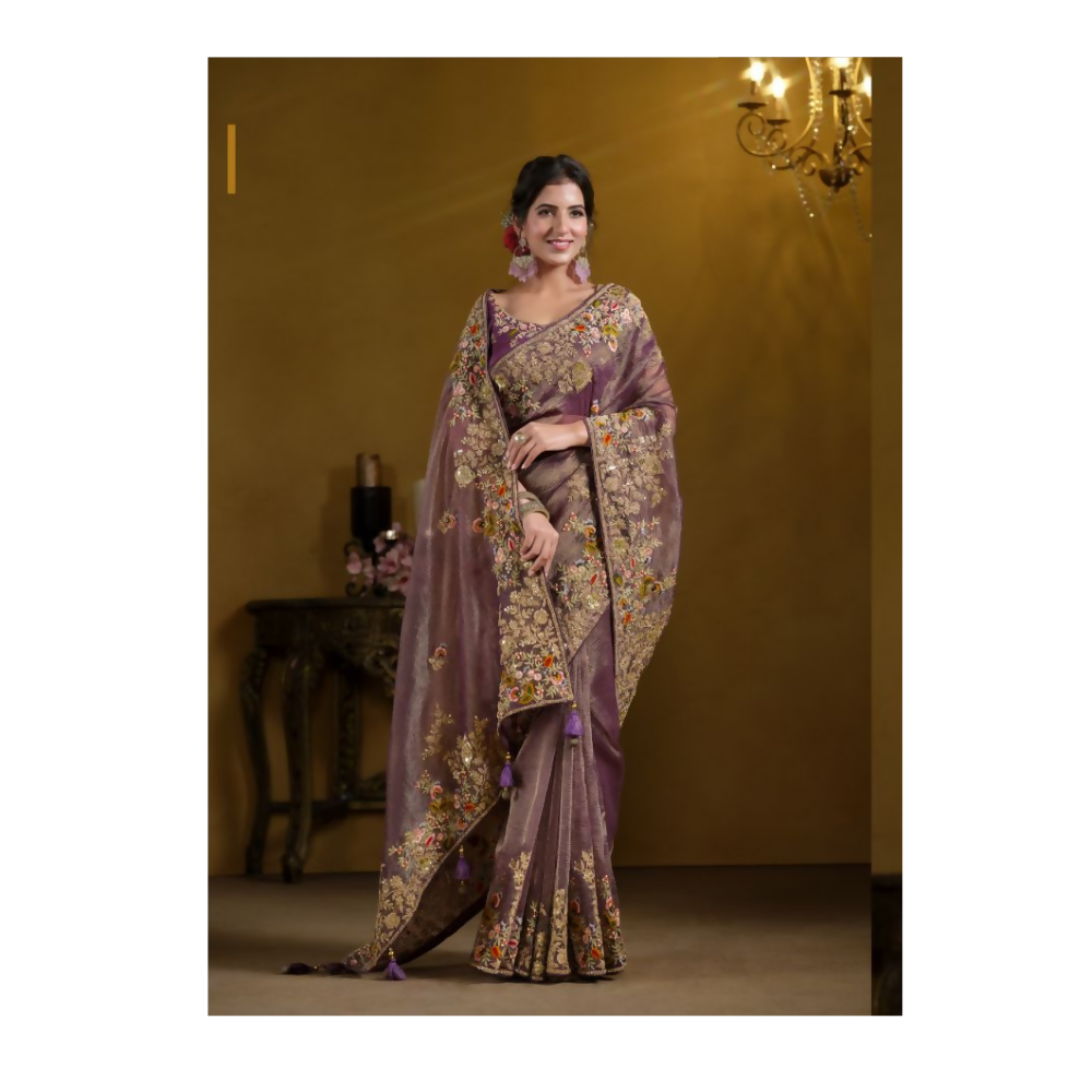Purple Pure Banarasi Crush Pure Khatli work Designer Saree With Blouse. - Rajasvi | Swadesiicart