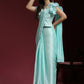 Light Blue Silk Satin Sequence Work Ready to Wear Saree with stitched Blouse - Nirvana | Swadesiicart