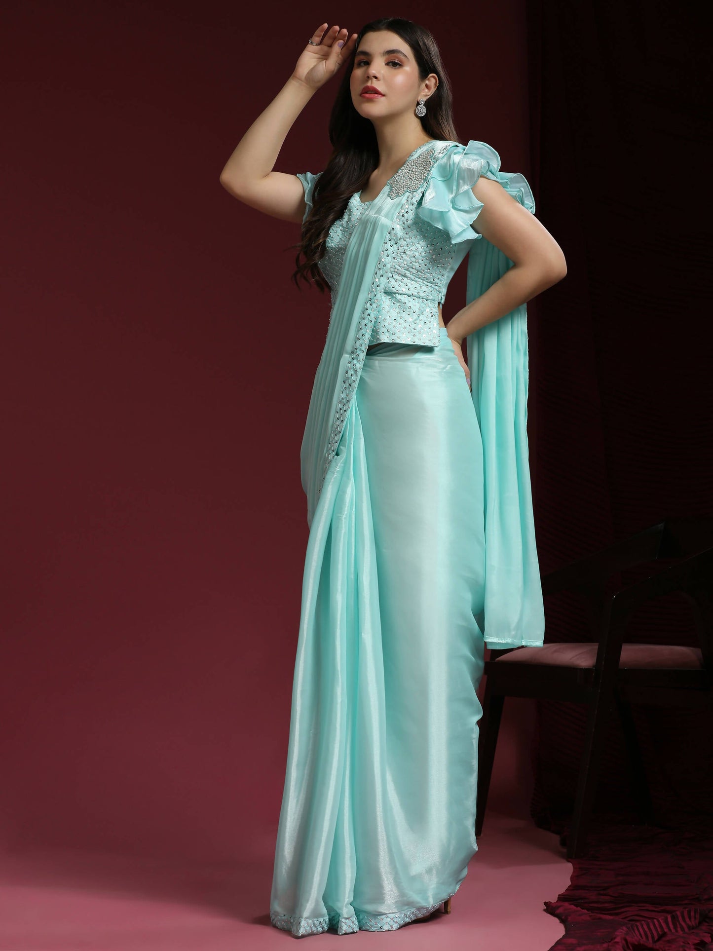 Light Blue Silk Satin Sequence Work Ready to Wear Saree with stitched Blouse - Nirvana | Swadesiicart