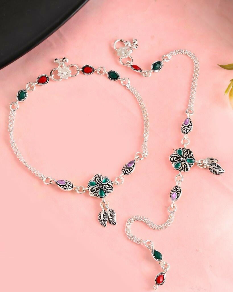 VOJ Set of 2 Traditional Stone Studded Flower Shaped Anklet - Swadesiicart