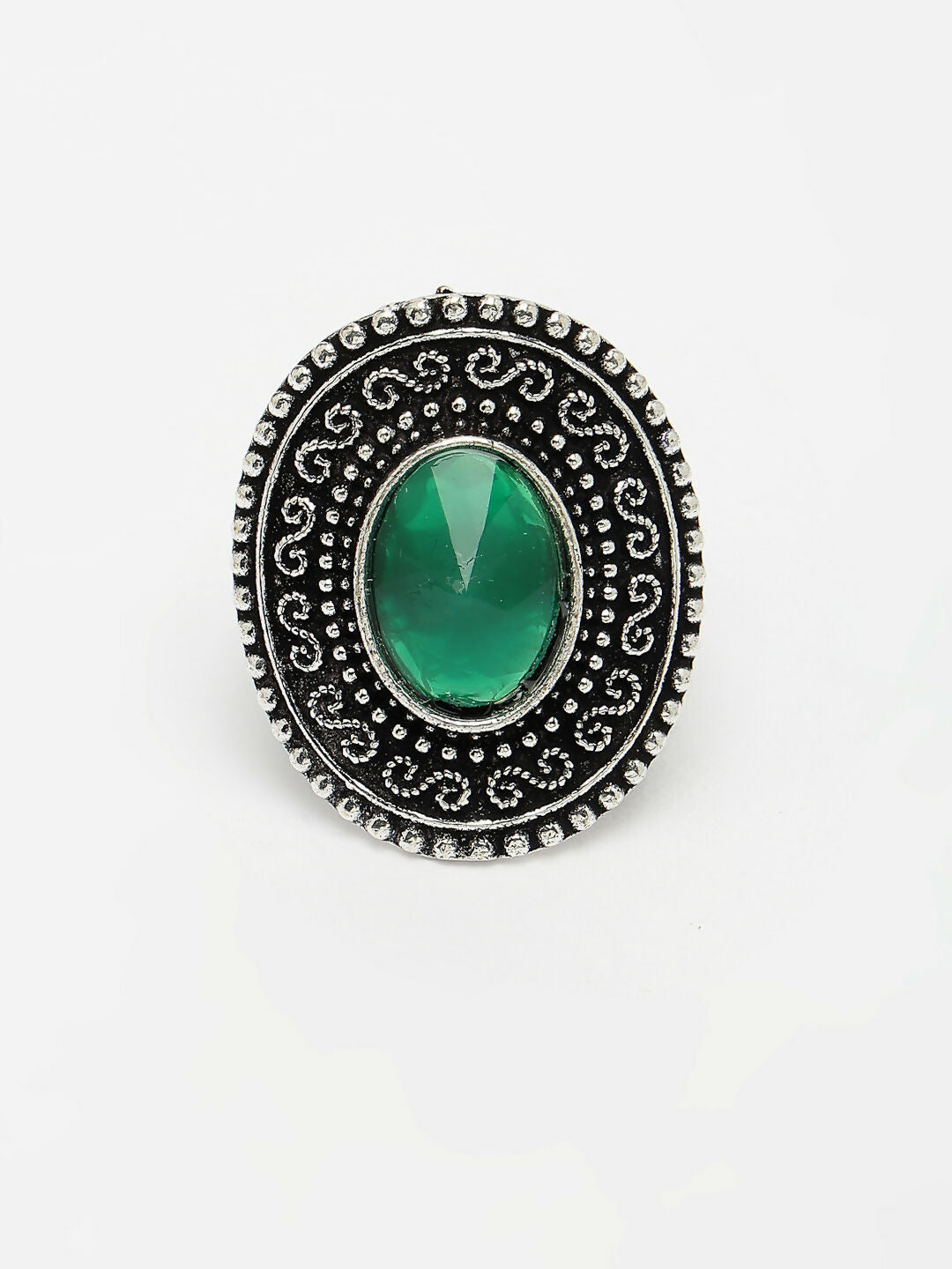 NVR Women's Green Silver-Toned German Silver Adjustable Finger Ring | Swadesiicart