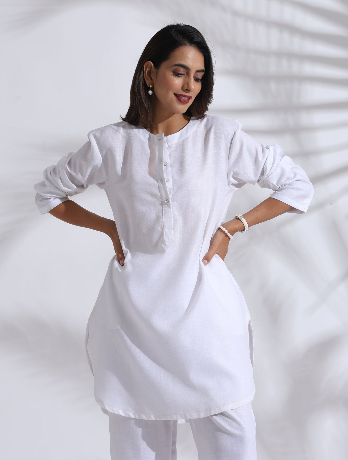 trueBrowns White Slub Kurta Co-ord Set - Swadesiicart