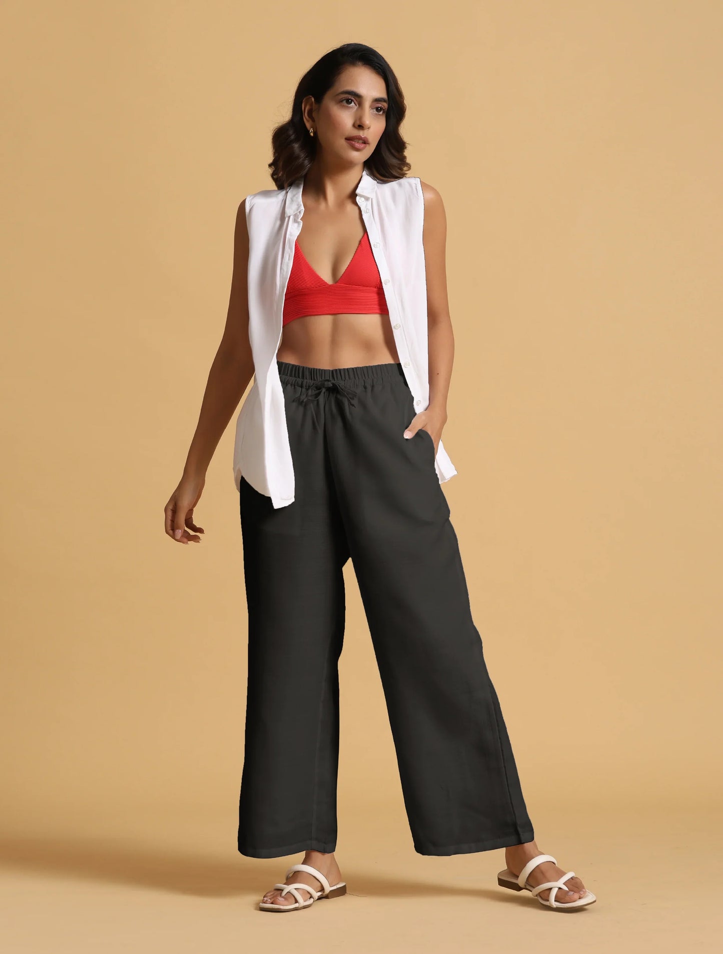 trueBrowns Black Cotton Blend Elasticated Drawstring Straight Pants | Swadesiicart