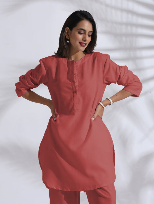 trueBrowns Pink Cotton Blend Pleated Kurta Co-ord Set - Swadesiicart